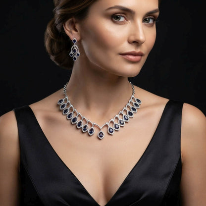 Blue Color American Diamond Necklace Set Elegant Fashion Style