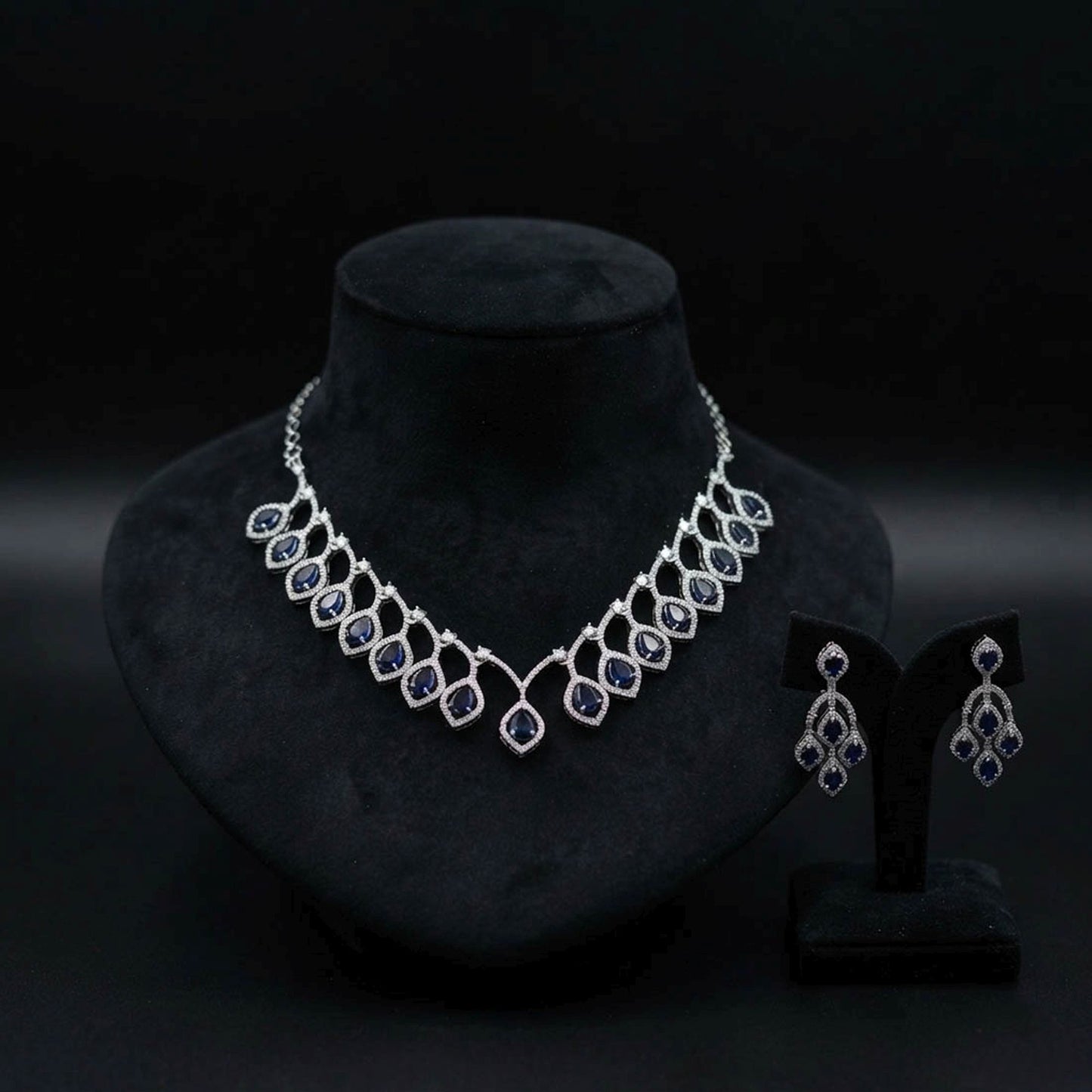 Blue Color American Diamond Necklace Set Elegant Fashion Style