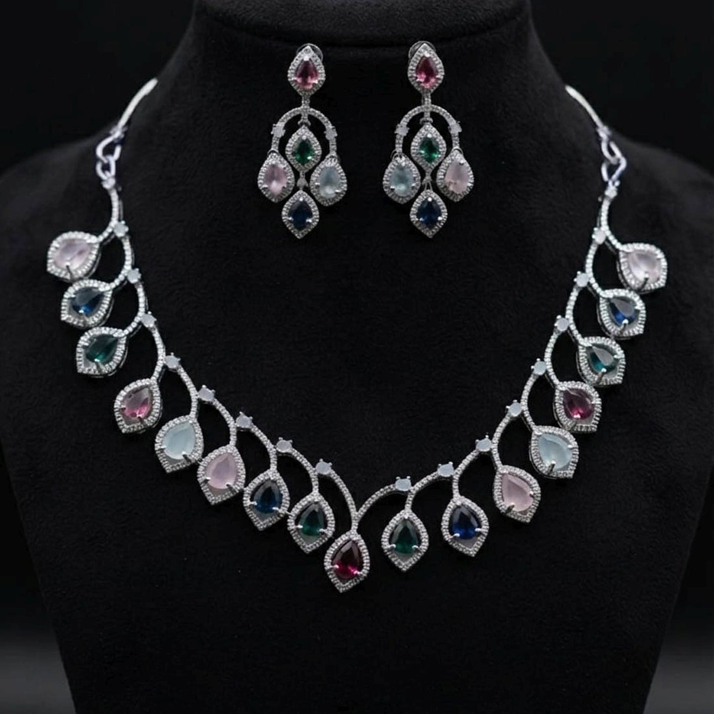 Multi Color American Diamond Necklace Set Traditional Jewelry Appeal