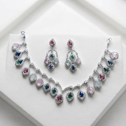 Multi Color American Diamond Necklace Set Traditional Jewelry Appeal