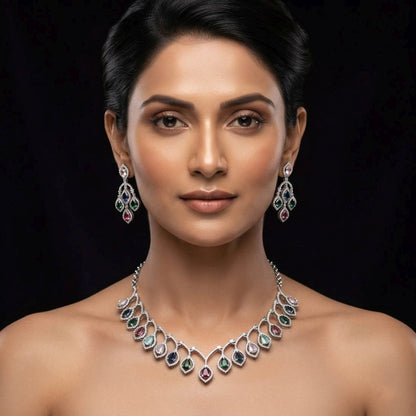 Multi Color American Diamond Necklace Set Designer Festive Style