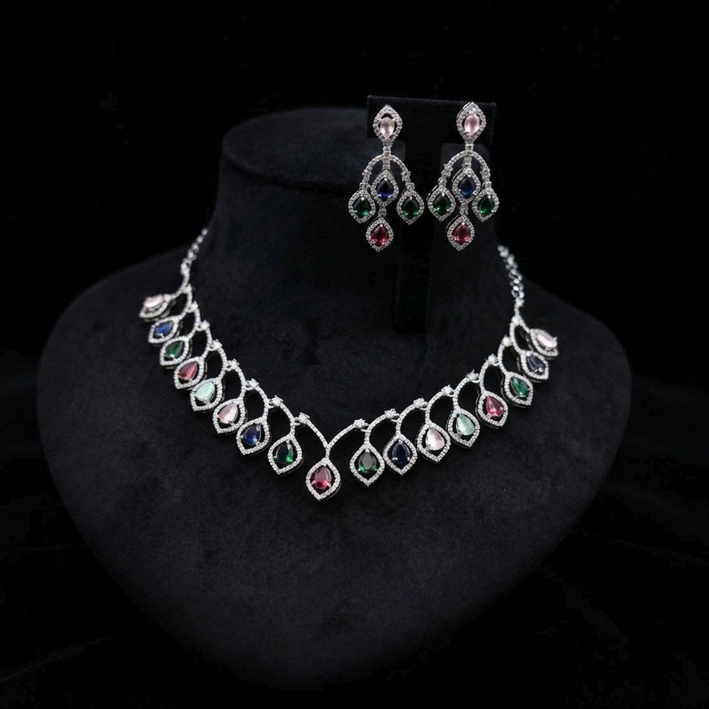 Multi Color American Diamond Necklace Set Designer Festive Style