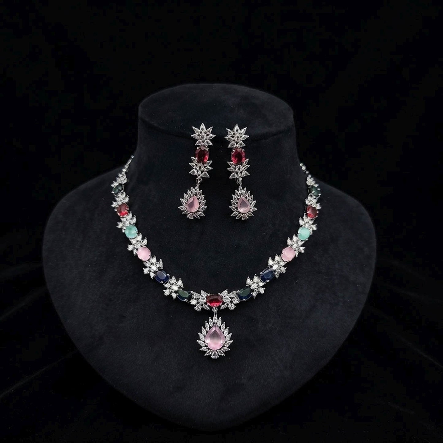 Multi Color American Diamond Necklace Set Royal Ethnic Appeal