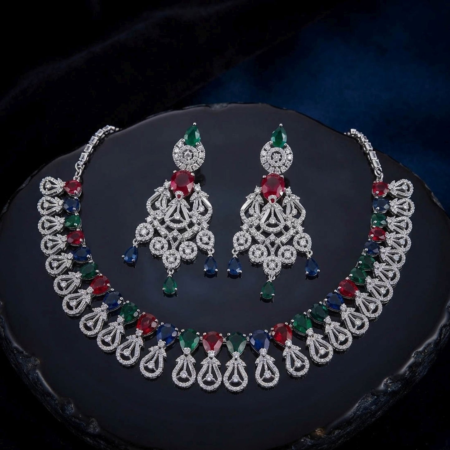Multi Color American Diamond Necklace Set Elegant Party Wear