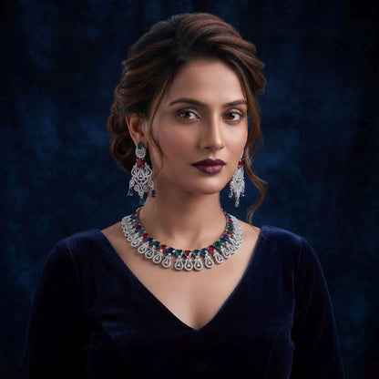 Multi Color American Diamond Necklace Set Elegant Party Wear