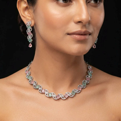 Multi Color American Diamond Necklace Set Premium Designer Style