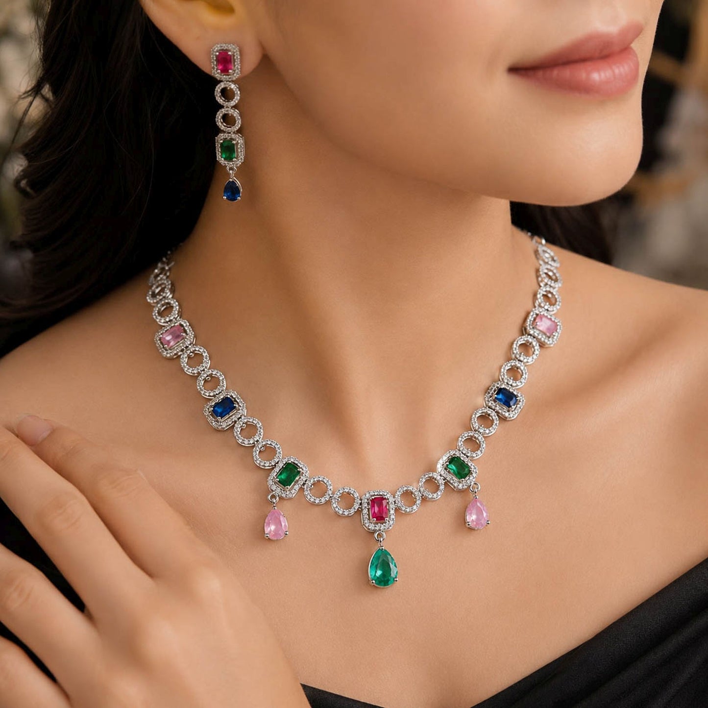 Multi Color American Diamond Necklace Set Traditional Fashion Appeal