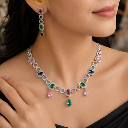 Multi Color American Diamond Necklace Set Traditional Fashion Appeal
