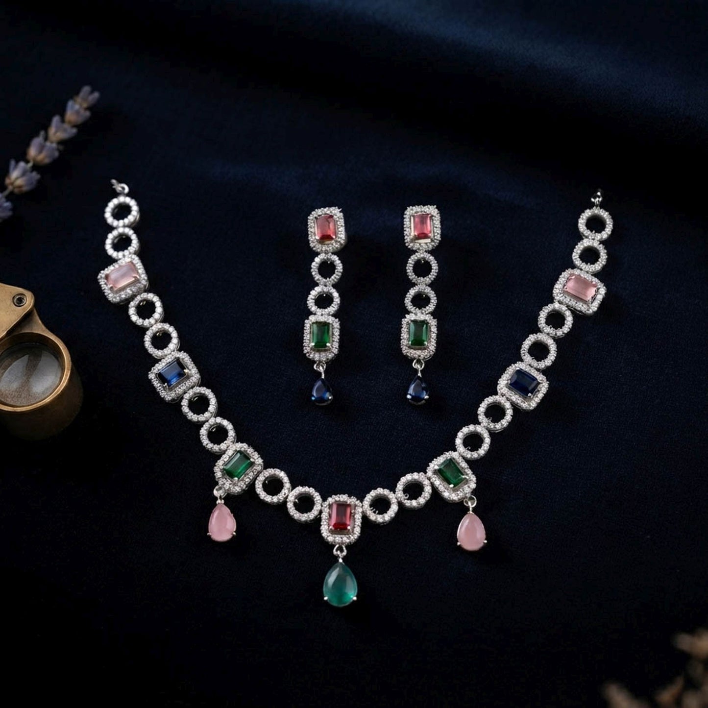 Multi Color American Diamond Necklace Set Traditional Fashion Appeal