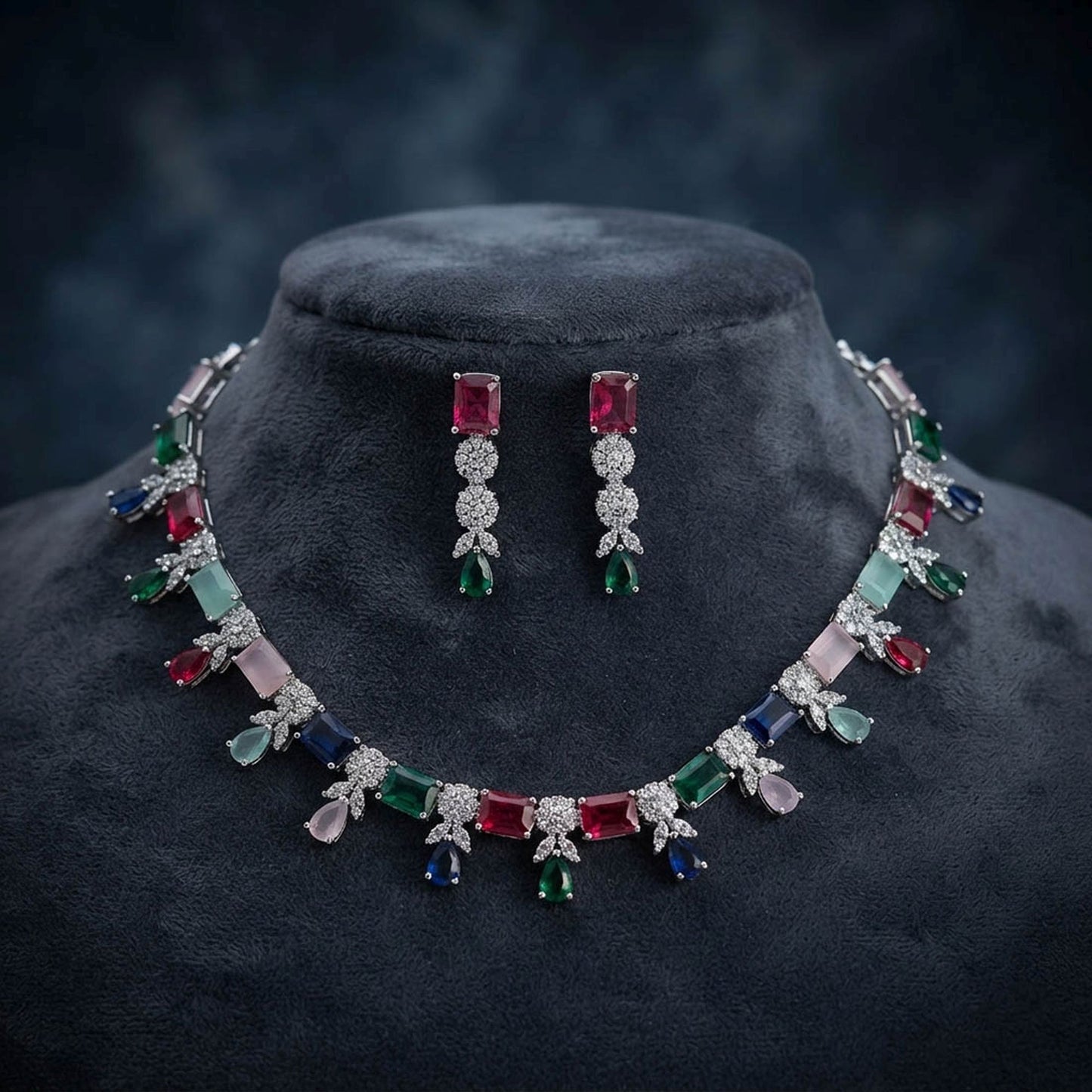 Multi Color American Diamond Necklace Set Festive Jewelry Style