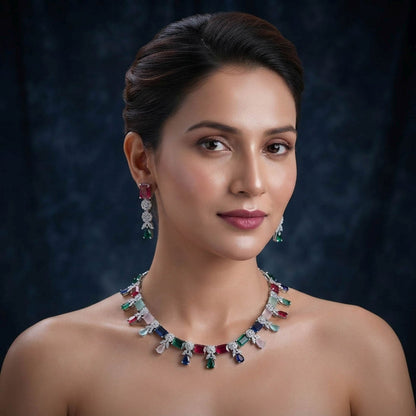 Multi Color American Diamond Necklace Set Festive Jewelry Style