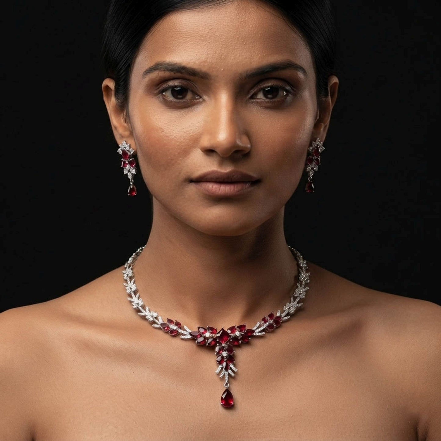 Red Color American Diamond Necklace Set Elegant Designer Appeal
