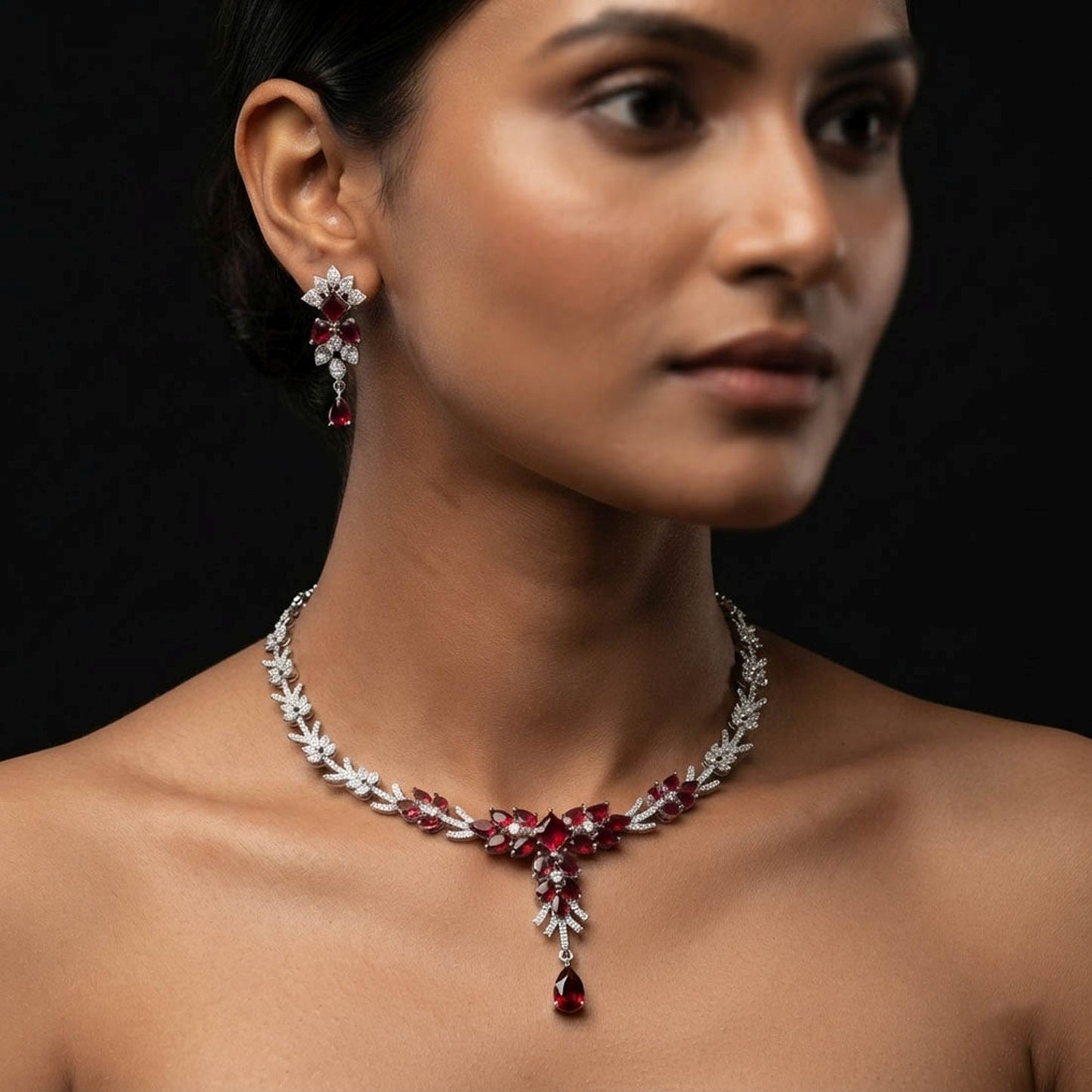 Red Color American Diamond Necklace Set Elegant Designer Appeal
