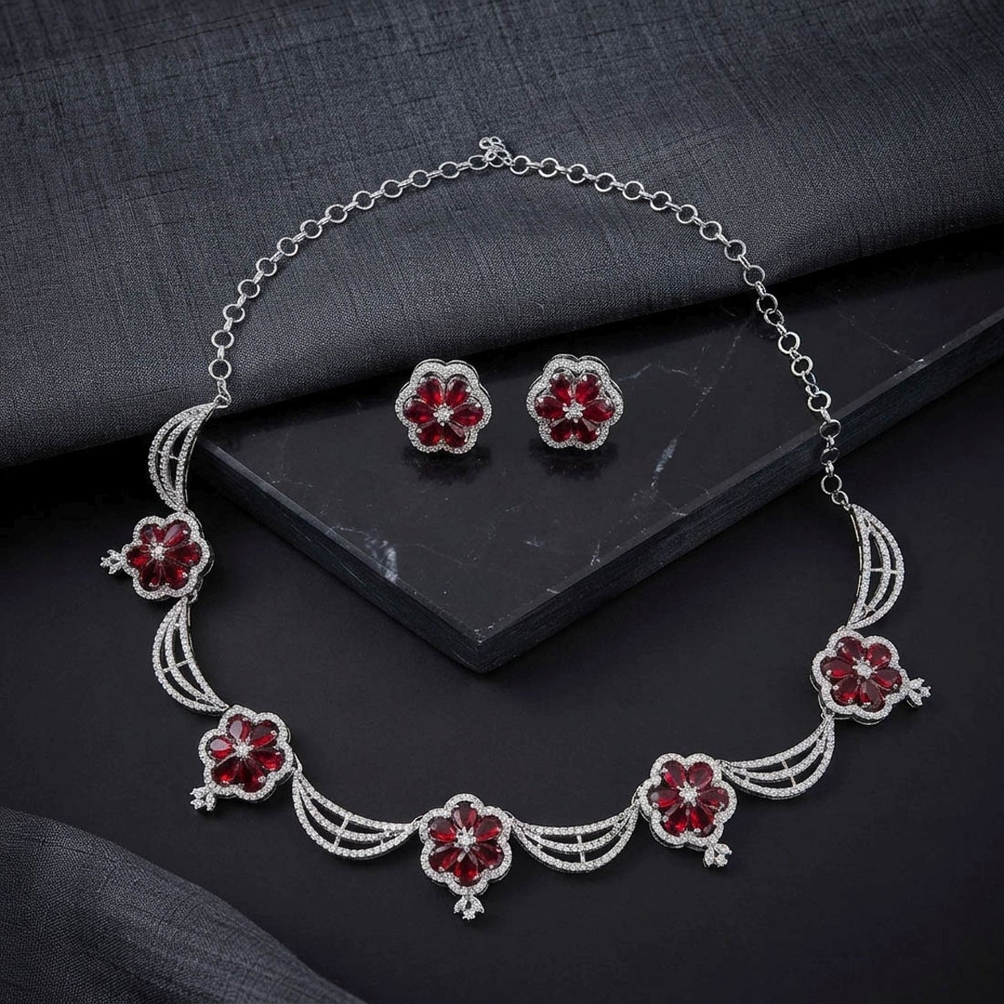 Red Color American Diamond Necklace Set Royal Party Wear