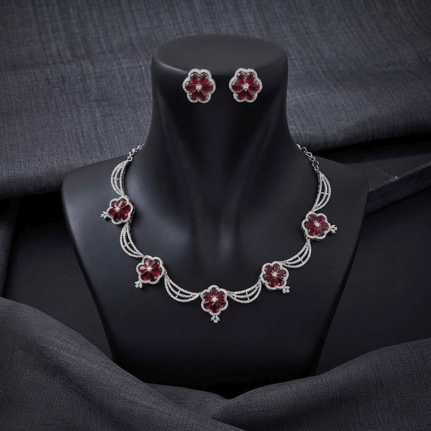 Red Color American Diamond Necklace Set Royal Party Wear