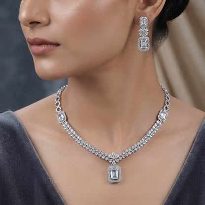 White Color American Diamond Necklace Set for Women