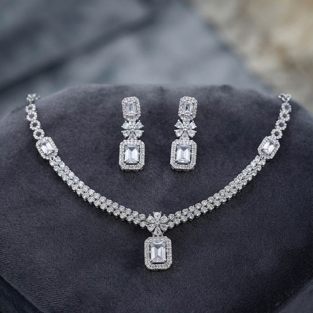 White Color American Diamond Necklace Set for Women