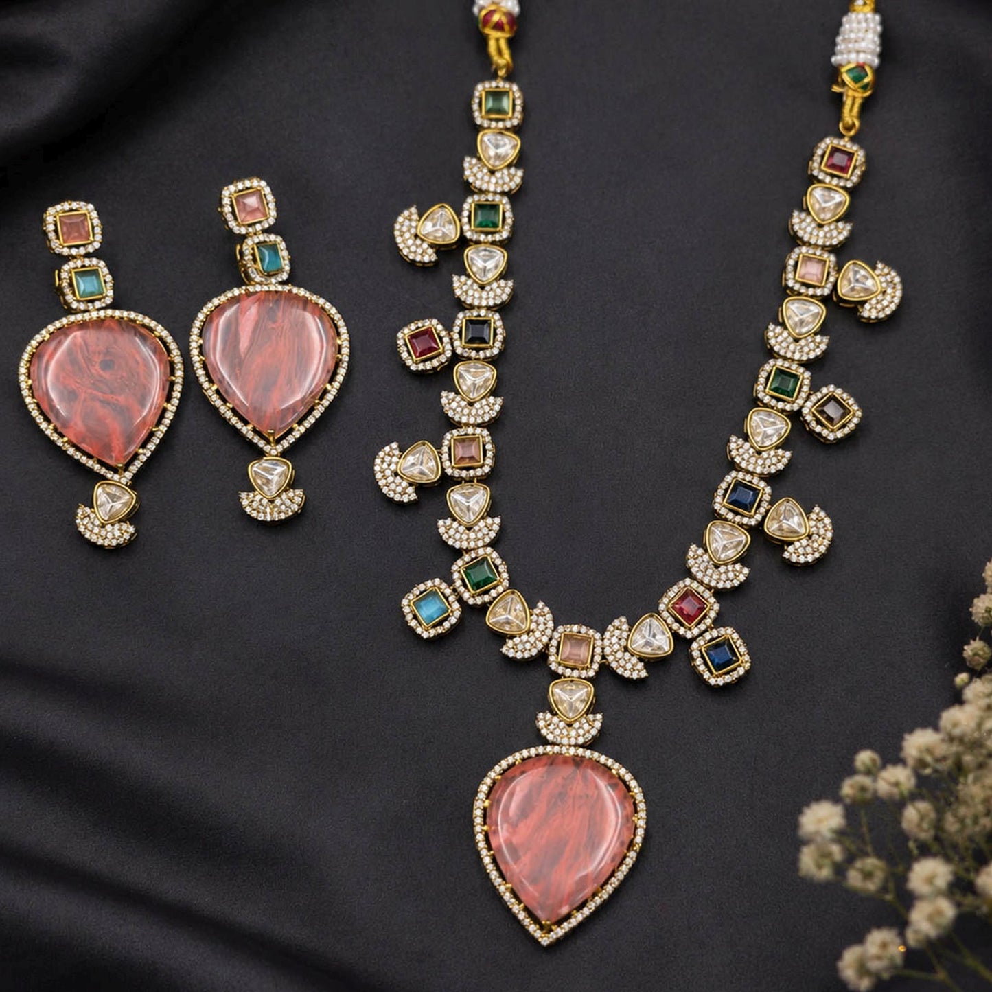 Multi Color American Diamond & Polki Kundan Necklace Set Elegant Designer Style