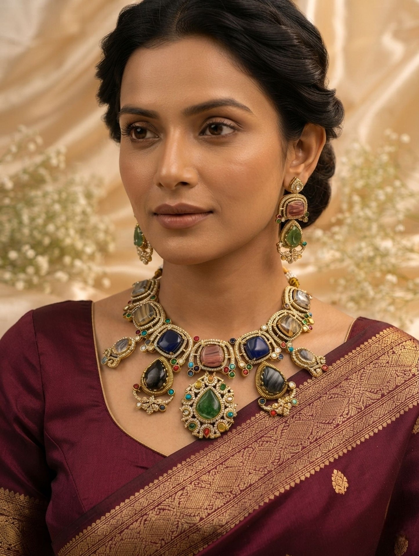 Multi Color Sabyasachi Inspired AD & Russian Stone Necklace Set Royal Style