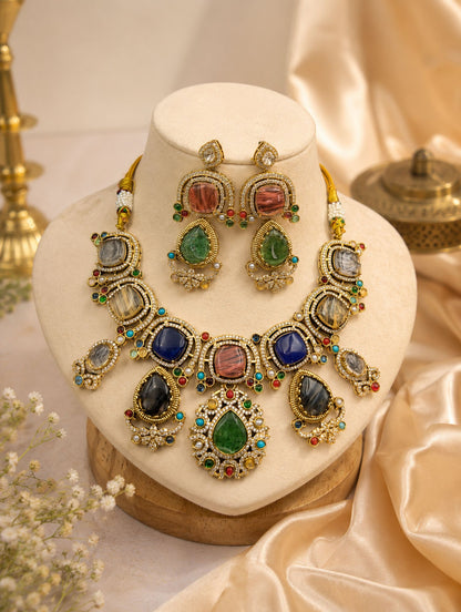 Multi Color Sabyasachi Inspired AD & Russian Stone Necklace Set Royal Style