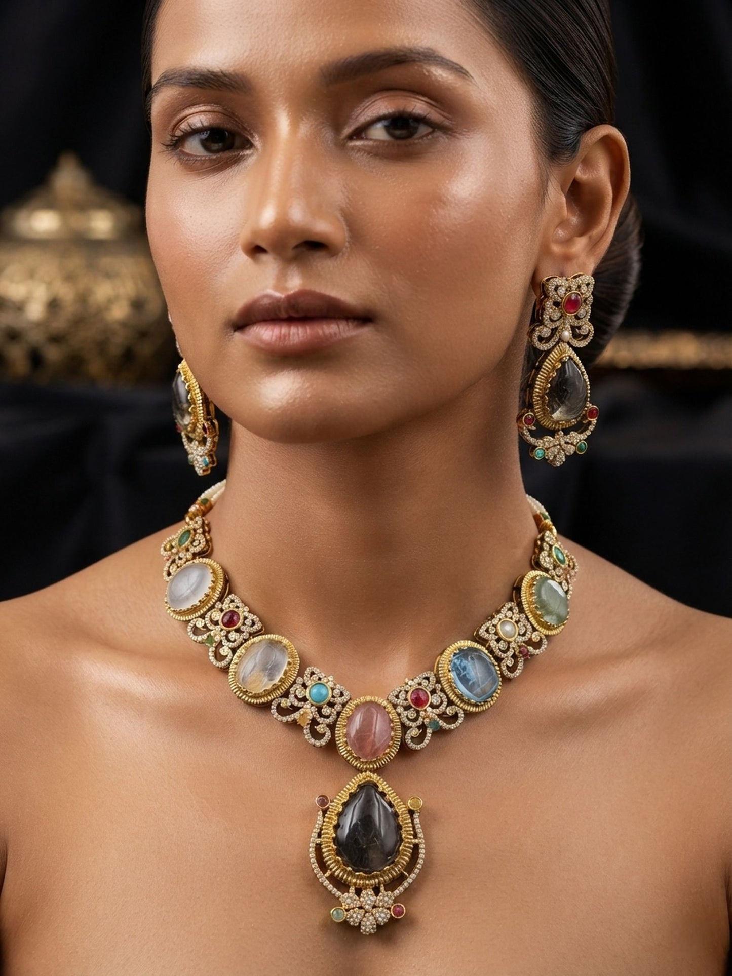 Multi Color Sabyasachi Inspired AD & Russian Stone Necklace Set Premium Designer Style