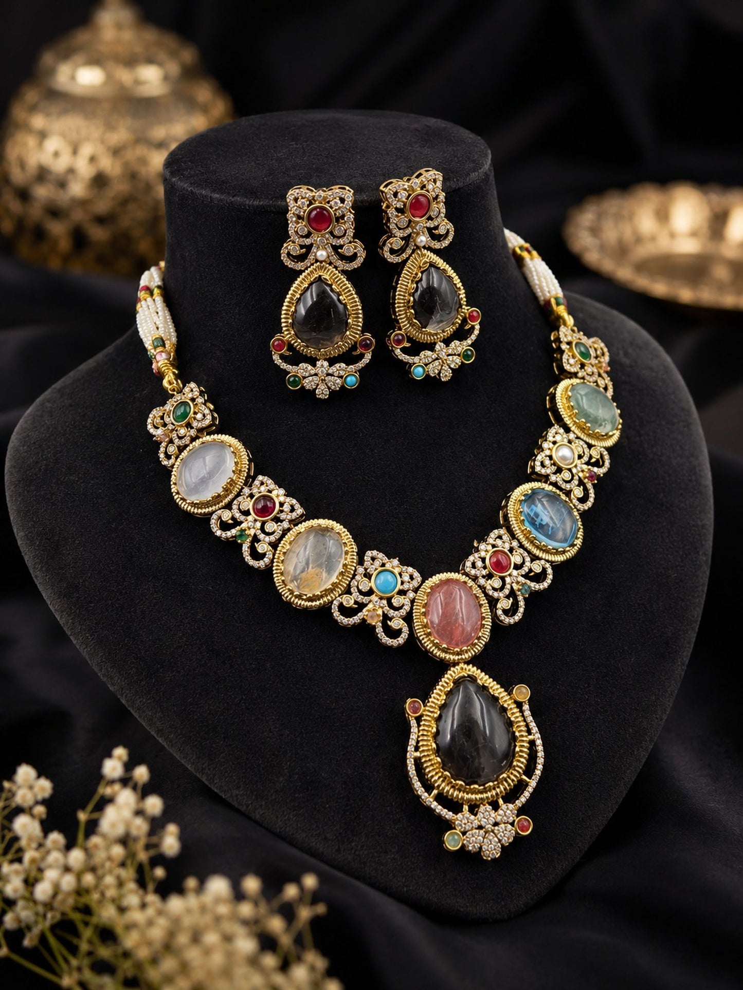 Multi Color Sabyasachi Inspired AD & Russian Stone Necklace Set Premium Designer Style