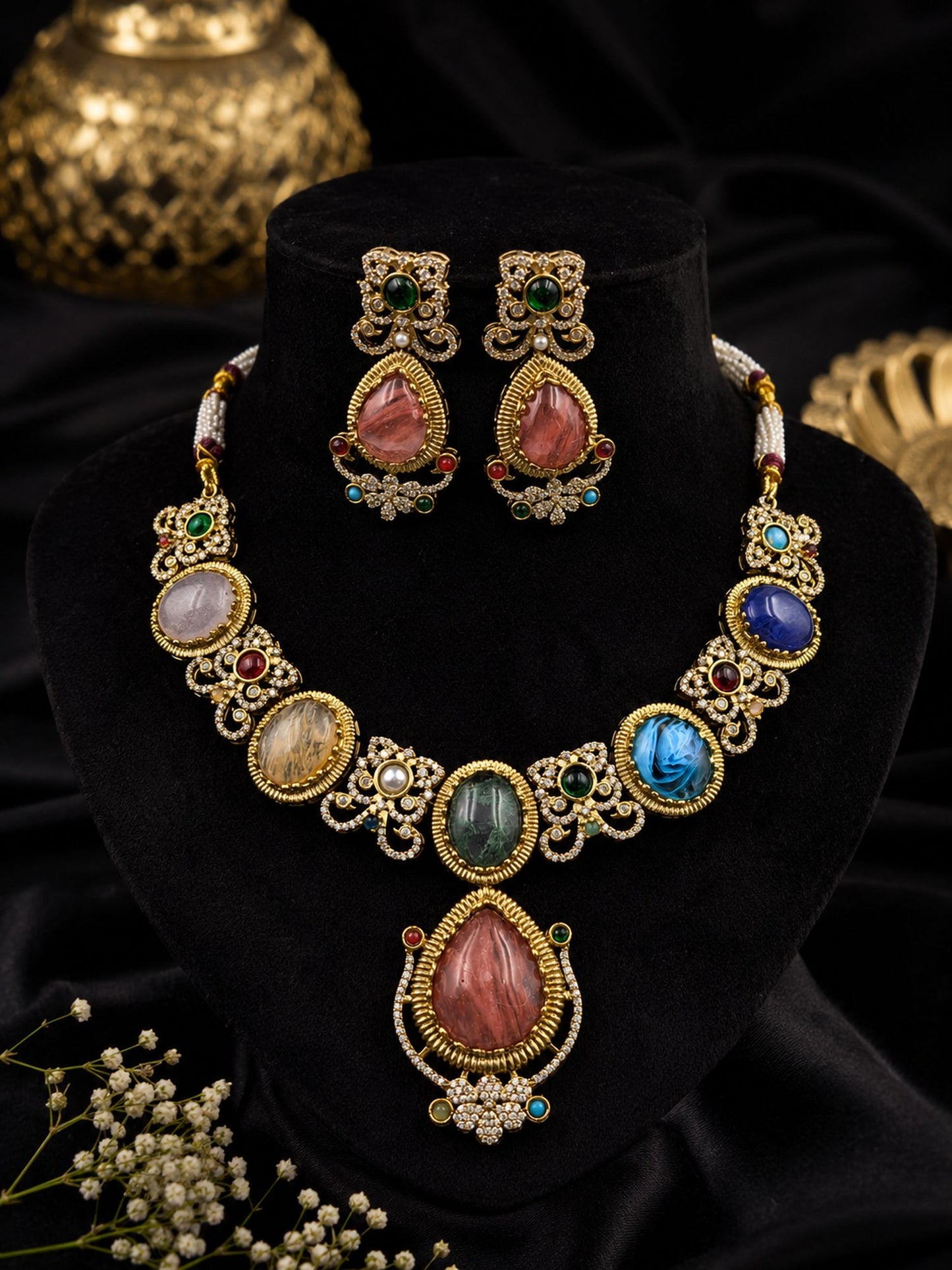 Multi Color Sabyasachi Inspired AD & Russian Stone Necklace Set Elegant Fashion Appeal
