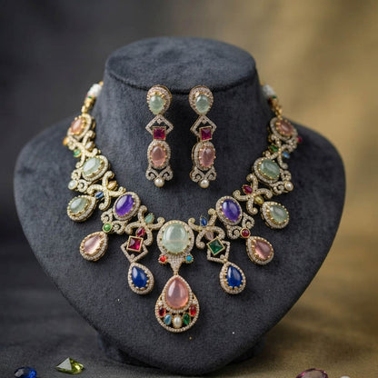 Multi Color Sabyasachi Inspired AD & Russian Stone Necklace Set Traditional Appeal