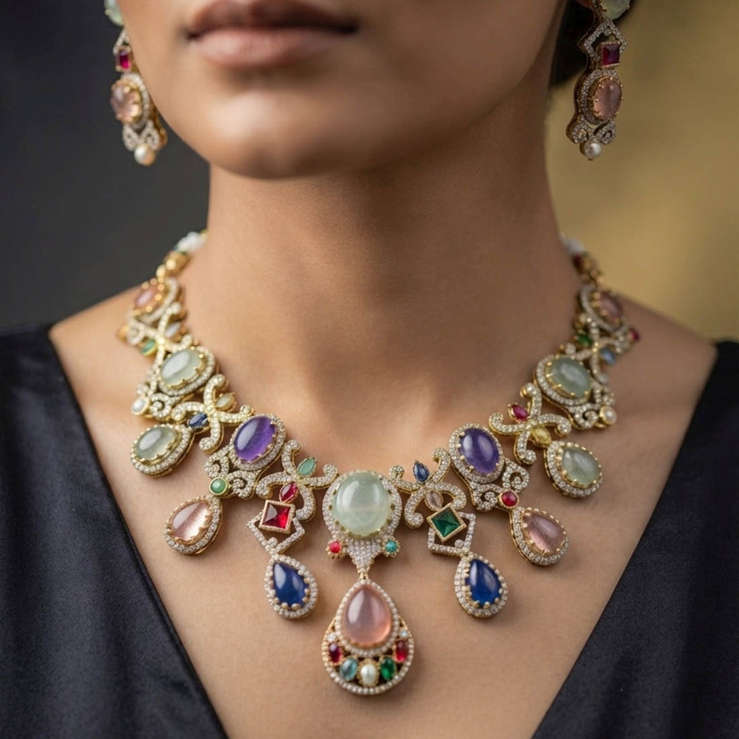 Multi Color Sabyasachi Inspired AD & Russian Stone Necklace Set Traditional Appeal