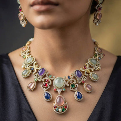 Multi Color Sabyasachi Inspired AD & Russian Stone Necklace Set Traditional Appeal