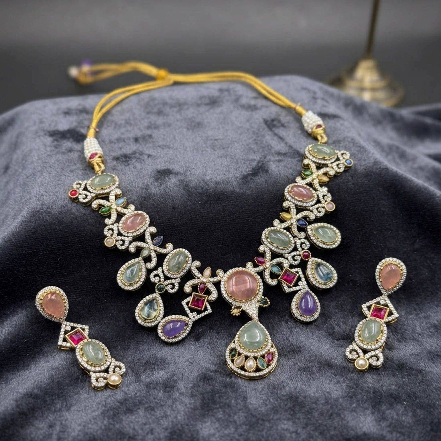 Multi Color Sabyasachi Inspired AD & Russian Stone Necklace Set Ethnic Style