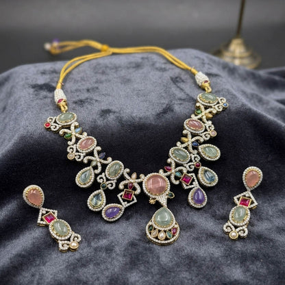 Multi Color Sabyasachi Inspired AD & Russian Stone Necklace Set Ethnic Style