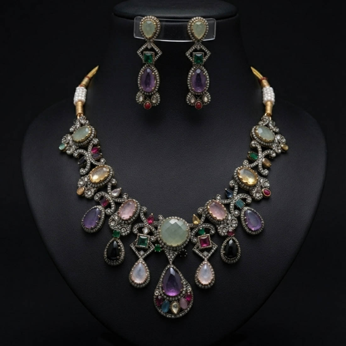 Multi Color Sabyasachi Inspired AD & Russian Stone Necklace Set Festive Jewelry Style