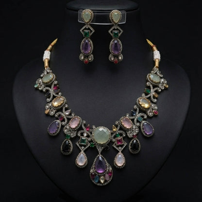 Multi Color Sabyasachi Inspired AD & Russian Stone Necklace Set Festive Jewelry Style