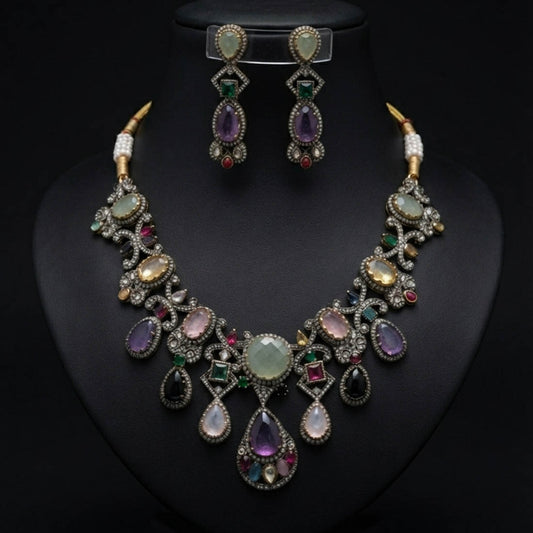 Multi Color Sabyasachi Inspired AD & Russian Stone Necklace Set Festive Jewelry Style