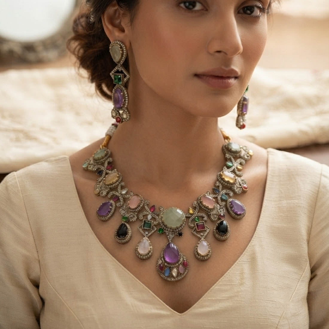 Multi Color Sabyasachi Inspired AD & Russian Stone Necklace Set Festive Jewelry Style