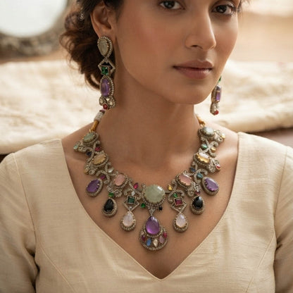 Multi Color Sabyasachi Inspired AD & Russian Stone Necklace Set Festive Jewelry Style
