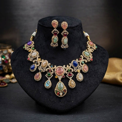 Multi Color Sabyasachi Inspired AD & Russian Stone Necklace Set Designer Appeal