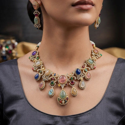 Multi Color Sabyasachi Inspired AD & Russian Stone Necklace Set Designer Appeal