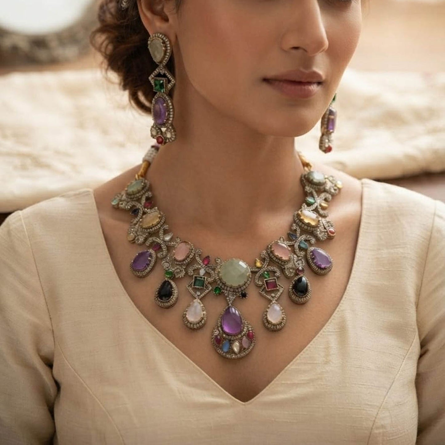 Multi Color Sabyasachi Inspired AD & Russian Stone Necklace Set Bridal Fashion
