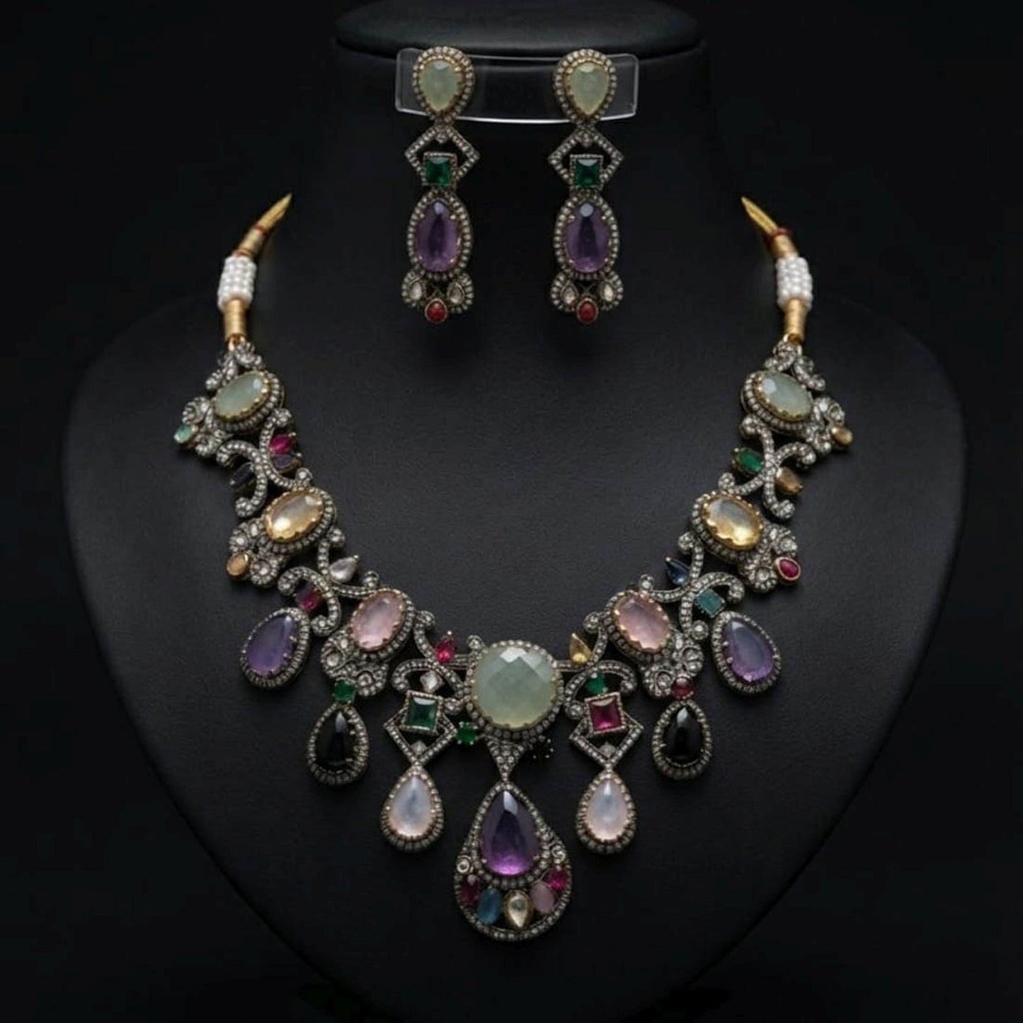 Multi Color Sabyasachi Inspired AD & Russian Stone Necklace Set Bridal Fashion