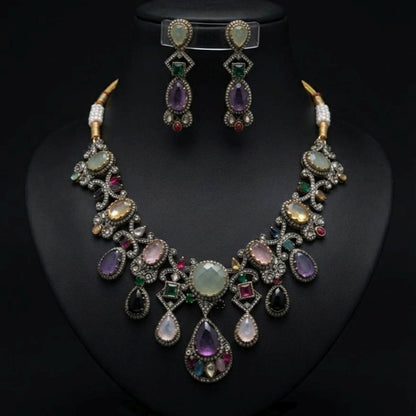 Multi Color Sabyasachi Inspired AD & Russian Stone Necklace Set Bridal Fashion