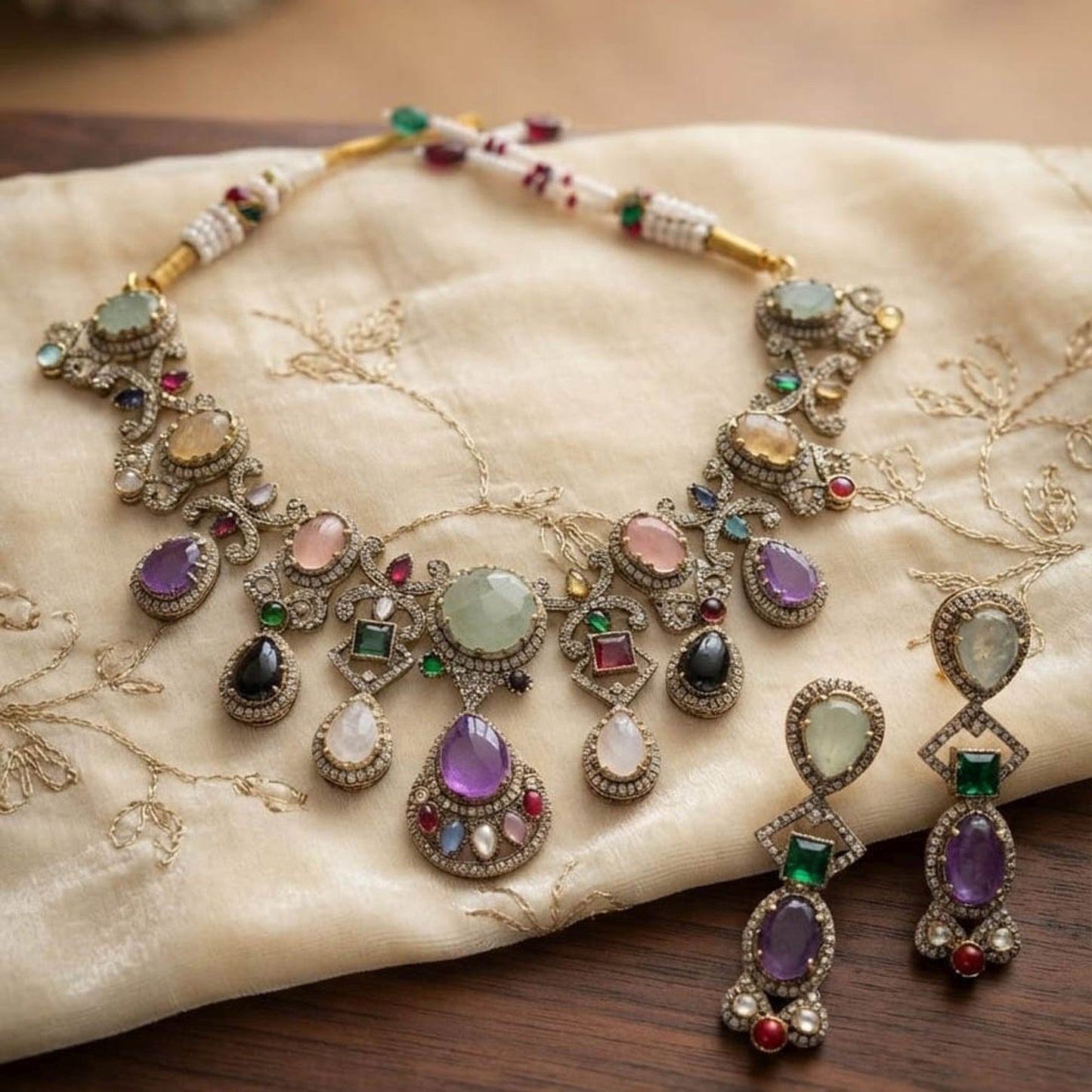 Multi Color Sabyasachi Inspired AD & Russian Stone Necklace Set Bridal Fashion
