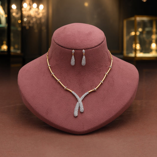 Classic Pure White Color American Diamond Necklace Set For Formal Evening Outfits