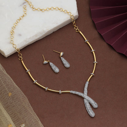 Classic Pure White Color American Diamond Necklace Set For Formal Evening Outfits