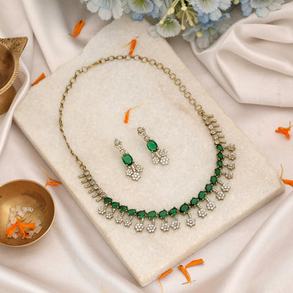 Lush Emerald Green Color American Diamond Necklace Set For Traditional Celebrations