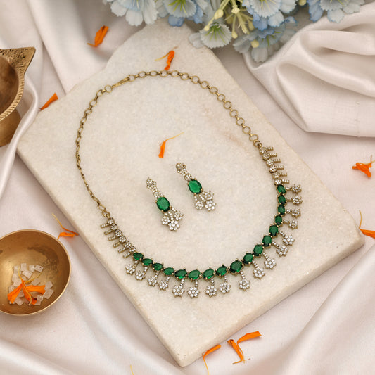 Lush Emerald Green Color American Diamond Necklace Set For Traditional Celebrations
