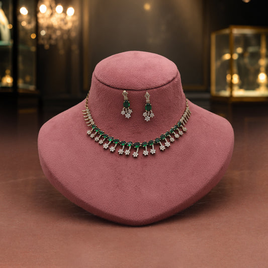 Lush Emerald Green Color American Diamond Necklace Set For Traditional Celebrations