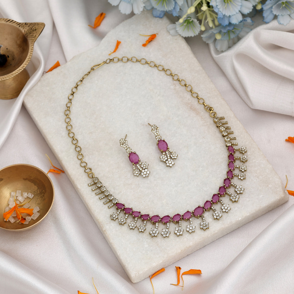Delicate Rose Pink Color American Diamond Necklace Set For Elegant Wedding Guests