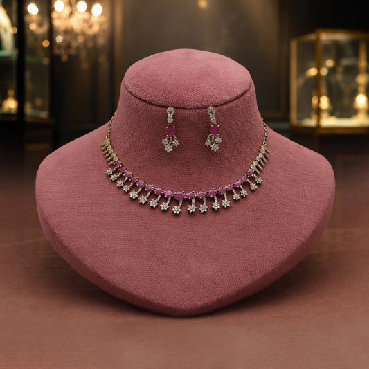 Delicate Rose Pink Color American Diamond Necklace Set For Elegant Wedding Guests